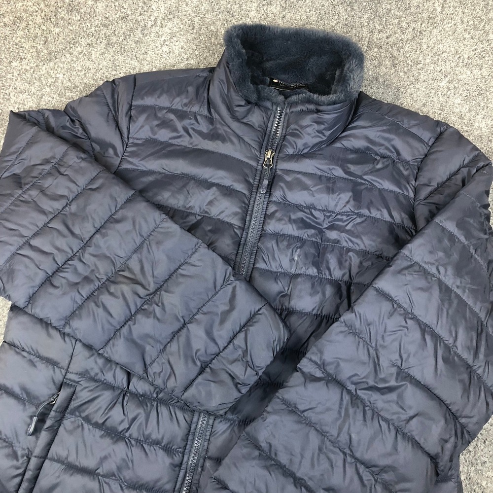 Heat Keep Womens‎ Large Navy Blue Quilted Puffer Jacket Faux Fur Lined Full Zip